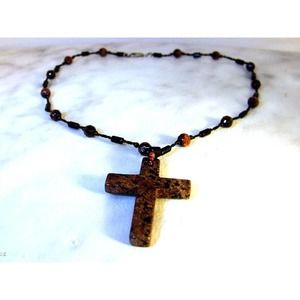Vintage Carved Jasper Cross Necklace , Sterling silver, 17 Inch